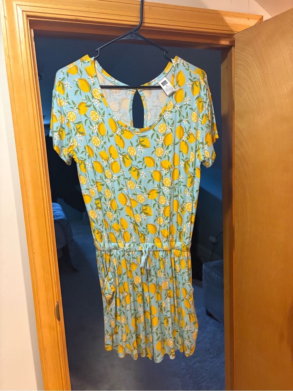 Lemon Print Short Sleeve Tie-Waist Romper - Yellow/Blue